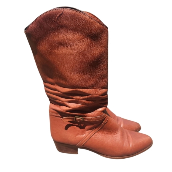 Vintage Terra Cotta Brown Tall Leather Boot Size 10 Small Strap Buckle Wood Heel - Picture 1 of 9